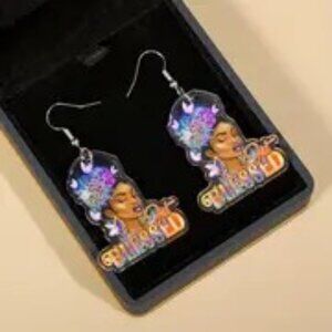 Vibrant Ethnic Lady-Shaped Acrylic "Blessed" Quote Dangle Earrings Colorful